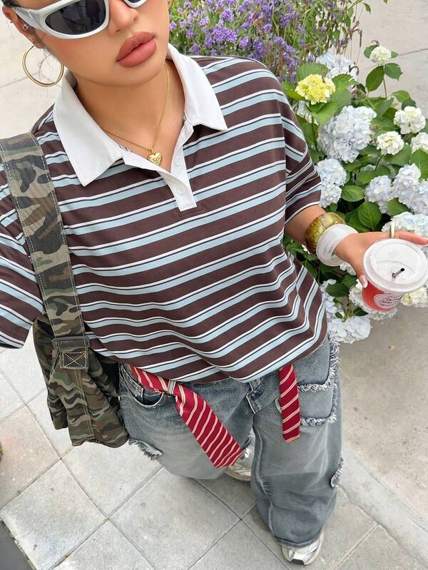 Muchica Women's Plus Size Striped Casual Loose Fit T-Shirt