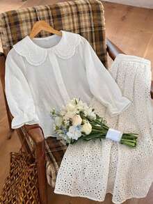 Hapijoa 女童鏤空刺繡彼得潘領長袖單排扣可愛襯衫 夏季 - 白色 - 查看 10