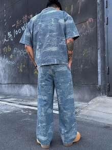 DAZY 男士單排扣短袖襯衫與長褲休閒日常牛仔套裝 夏季 - 藍色 - 查看 2