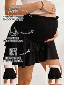 SHEIN Maternity Solid Color Vacation Shirred Design Ruffle Hem Skort - Black - View 10