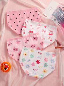 SHEIN 4件組女童少女內褲，愛心、花朵、櫻桃元素，柔軟光滑珍珠布料，適合日常基本需求、運動穿著，親膚舒適，四季輕便衣物 - 彩色 - 查看 2