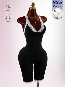 Amplova Jumpsuit Wanita Musim Gugur Elegan Potongan Rendah Katun Murni dengan Renda Kontras Panjang Sedang - Hitam - View 10