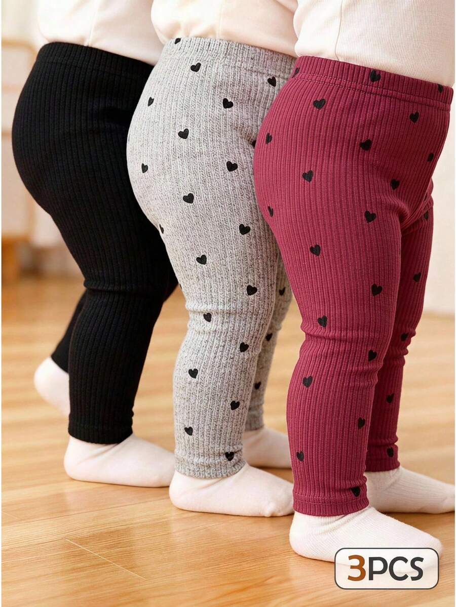 SHEIN Vintaside Kids 3件組女嬰粉色與灰色可愛針織燈芯絨彈性素色內搭褲/緊身褲