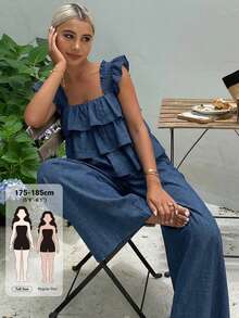 Livesso Tall Women's Ruffle Tank Top And Loose Long Pants Vacation Style Two Pieces Set Summer - Blue - View 5