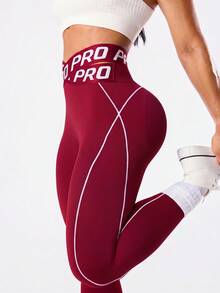 SHEIN Sports 女款字母印花高腰休閒百搭日常旅行運動內搭褲 - 酒紅色 - 查看 4