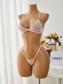 Women Spaghetti Strap Backless Criss-Cross Crop Top & Thong Lingerie Set - Pink - View 5