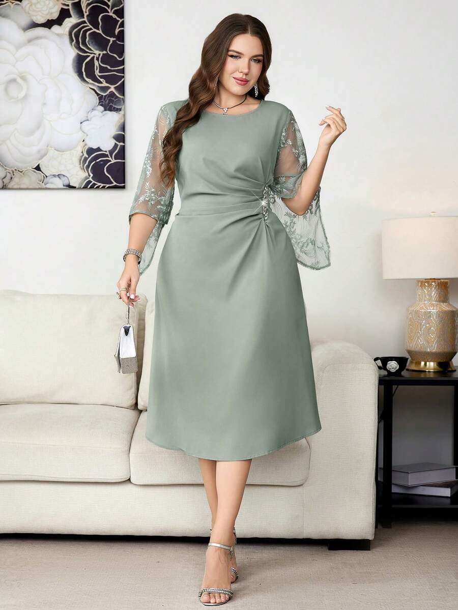 Reflora Plus Size Elegant Solid Color Lace Patchwork Party Mother Of The Bride Mother Of The Bride Formal Wedding Dress Sage Green Autumn Fall Wedding Wedding - Green - View 1