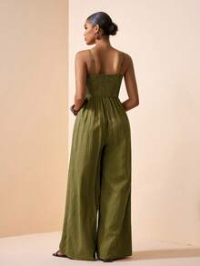 Zivah Women Olive Green Summer Casual Vacation Holiday Jumpsuit, Spaghetti Strap Front Ruched Real Pockets Loose Wide Leg Pants, Vertical Texture Fabric - Army Green - View 2