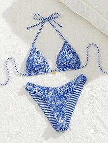 Swim Mod Women's Sweet White And Blue  Ditsy Floral Reversible Bikini Set Beach Vacation Summer Sexy - Multicolor - View 3