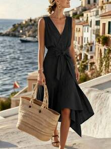 SHEIN Holidaya Fashionable High-End V-Neck Elegant Tropical Casual Cinched Cinched Waist Asymmetrical Tie-Up Women's Dress Spring/Summer Vacation Y2K Beach Brunch - Black - View 1