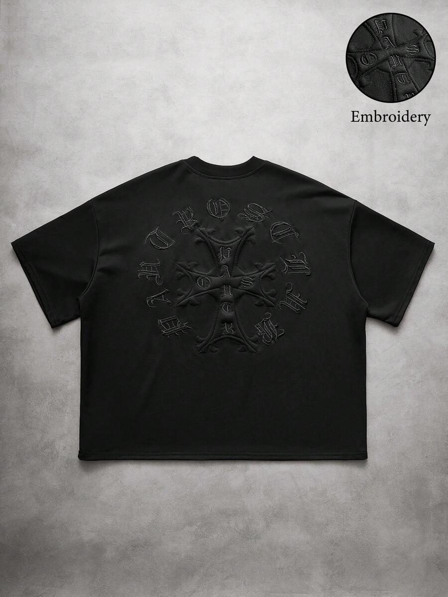 PAVTROS Men's Regular Fit 3D Cross Pattern Embroidered Short Sleeve Crew Neck T-Shirt, Casual Streetwear Style, Solid Color - Black - View 1