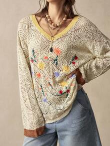 Bohemela Women's Floral Pattern Asymmetrical Shoulder Casual Versatile Daily Wear Long Sleeve Sweater - Apricot - View 6
