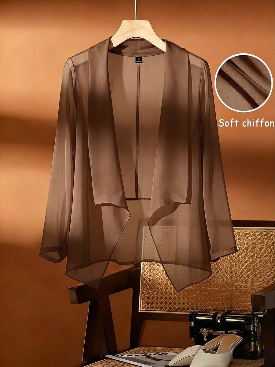 SHEIN Clasi 大尺碼女款休閒雪紡透氣開襟衫 - 棕色 - 查看 1