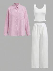 SHEIN LUNE 女款休閒粉色與白色條紋白襯衫及長褲三件套，秋季服裝，套裝，適合工作、早午餐、度假、旅行穿著 - 粉色 - 查看 4