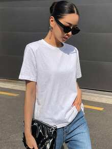 DAZY 女款純色圓領短袖休閒百搭T恤 夏季 - 白色 - 查看 4