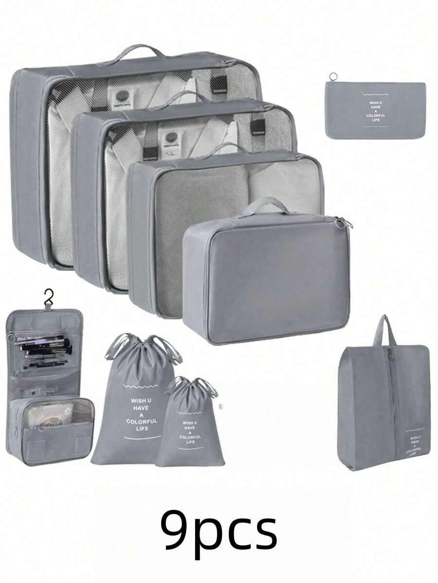 9-teiliges Reiseorganizer-Set, enthält: Kulturbeutel, Kosmetiktasche, Schuhbeutel, Make-up-Tasche, Kosmetikkoffer, Kleiderorganizer-Taschen, Parfümbox, Make-up-Box, Unterwäschebeutel, Gepäcktasche, wasserdichter Kleiderorganizer - Übersicht 1