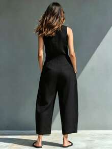 LUMIGAL Fashionable Commuter Solid Color Button Half-Placket Sleeveless Jumpsuit - Black - View 2