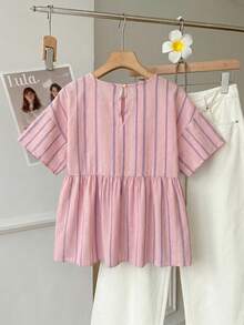 SHEIN EZwear 女款圓領條紋百褶休閒日常穿著襯衫 - 彩色 - 查看 2