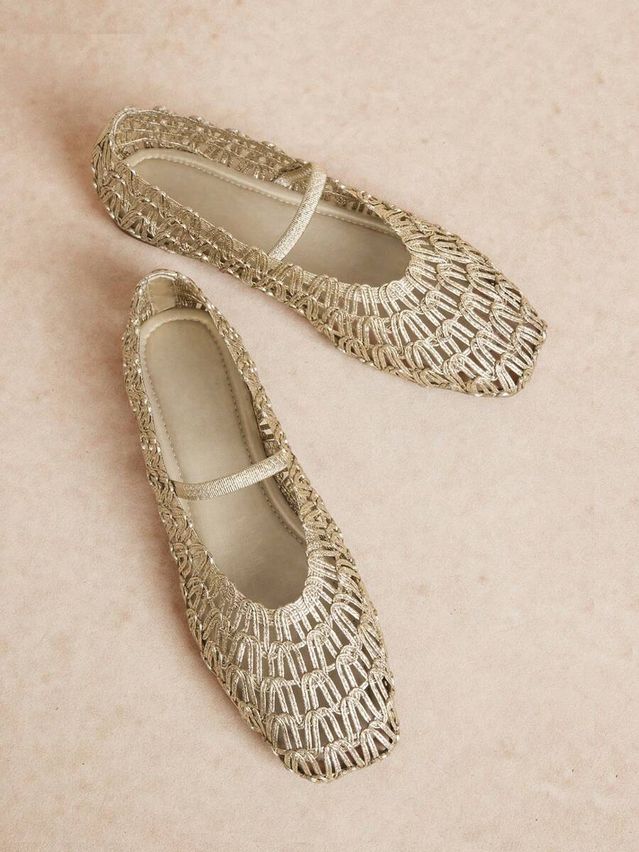 Rosivie Women's Shoes Fashion Woven Casual Versatile Breathable Comfortable Champagne Flat Shoes, Suitable For Christmas - Champagne 1 - View 1