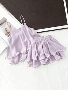 Franclia Plus Size Casual Multi-Layer Ruffle Hem Set, Camisole Top And Pants, Comfortable Everyday Wear - Mauve Purple - View 2
