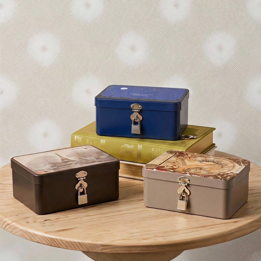 Vintage Art Printed Metal Storage Tin Box With Lock And Matching Keys, Portable Lockable Iron Organizer Case, Multi-Purpose Desktop Home Storage Container For Jewelry, Hair Accessories, Skincare Cosmetics, Stationery, Certificates & Documents