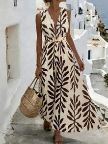 Glimmora 2026 Spring/Summer Bohemian Style Floral Print V-Neck Sleeveless Maxi Dress, Featuring Beige Base With Dark Brown Leaf Print, Creating A Vintage Vacation Vibe; V-Neck Design Paired With Matching Square Buckle Belt To Effortlessly Define High Waistline, Flattering Flowy Silhouette Suitable For Island Vacation, Daily Outings, Light Commuting And More - Multicolor - View 5