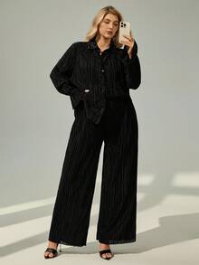 Shapeblank Plus Flounce Sleeve Shirt & Wide Leg Pants Fall - Black - View 3
