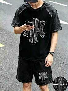 SHEIN 青少年男孩數位英文圖案短袖T恤與短褲套裝，春夏休閒舒適時尚風格，適合外出、戶外運動、野餐、街拍、度假、假期，送禮首選 - 彩色 - 查看 6