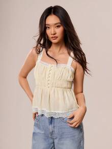 Willow Rêve Women's Cream Lace Trim Camisole Loose Top, Romantic Cottagecore Vacation Style, Valentine's Day, Boho, Tank Top, Summer Tops Picnic - Apricot - View 8