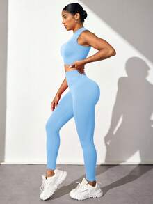 Solea Cove Solea Cove 女款純色無縫圓領無袖上衣與長褲運動套裝 健身套裝 春節限定 - 淺藍色 - 查看 7