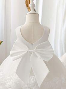 SHEIN Glamorique Kids 女嬰全白薄紗3D花朵洋裝 生日花童派對婚禮公主風 夏季穿搭 優雅可愛學院風 - 白色 - 查看 9