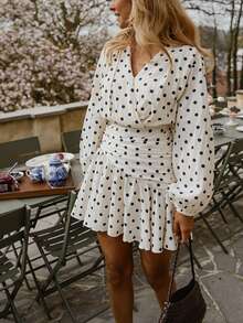 SHEIN Frenchy Women's Elegant French Vintage Polka Dot V-Neck Wrap Ruched Puff Sleeve Mini Dress Going Out Picnic Brunch Back To School Business Autumn Black White - Multicolor - View 11