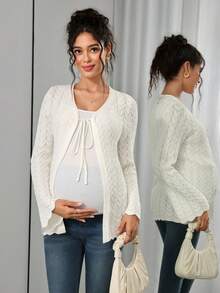 SHEIN Maternity Thin Cardigan, Loose Fit, V-Neck Tie-Front, Perforated Floral Pattern, Bell Sleeve Design, Casual Daily Wear, Solid Color Versatile Long Sleeve Knit Cardigan Jacket - White - View 1