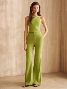MOTF PREMIUM CONTRAST TRIM SLANTED POCKET FLARE LEG PANTS - Green - View 5