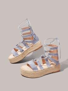Styleloop Ladies Bohemian Vacation Flannel Lace-Up Hemp Rope Platform Sandals - Gray blue - View 6