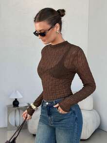 Levarali Women's Solid Color Stand Collar Slim Fit Versatile Daily Wear Top - Brown - View 6