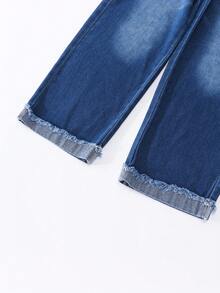 SHEIN 女童牛仔寬腿褲，四季新品，街頭休閒個性風格，經典百搭中藍牛仔色，膝蓋破洞做舊設計前衛，毛邊捲邊工藝時尚有型，彈性腰頭配金屬鈕扣穿脫方便，寬鬆寬腿版型舒適，優質棉牛仔面料，日常穿搭百搭可搭配T恤 - 中等水洗藍 - 查看 6