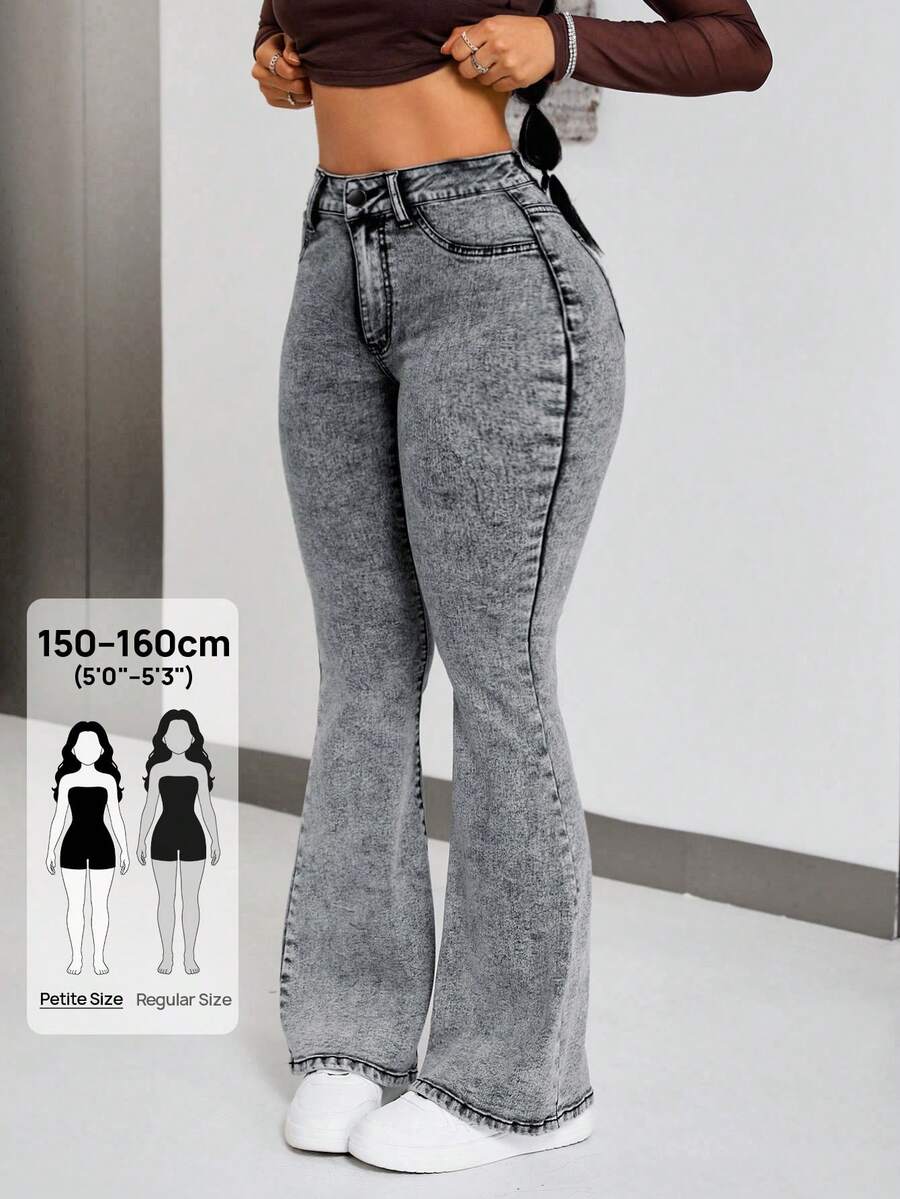 SHEIN PETITE 女款修身喇叭牛仔褲,小碼女款 - 灰色 - 查看 1