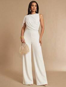 Silquee Spring/Summer Women's Mesh Patchwork Round Neck Sleeveless White Jumpsuit With Mesh Fabric Drape Office Bachelorette Party Wedding Outfits Elegant - Apricot - View 8