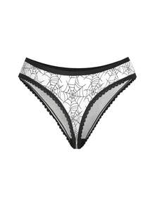 AltCore Halloween Black & White Spider Web Skull Graffiti Print Lace Trim Thong Panties, Dark Style Women's Underwear 2-Piece Set - Multicolor - View 7