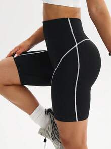 Rhythm Era 1 pieza Pantalones cortos de mujer de talla grande sin costuras con cintura alta y líneas cruzadas para entrenamiento, running, fitness, yoga y ciclismo - Blanco y Negro - Ver 4