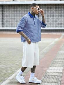 Devon Thys 休闲时尚男士条纹印花复古短袖T恤，春夏款 - 藍白色 - 查看 4