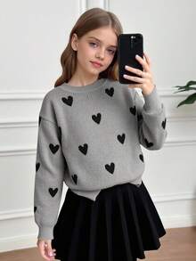 SHEIN 青少年女孩圖案落肩圓領毛衣與純黑百褶裙兩件套，適合日常穿著、返校、休閒場合，秋冬日常穿搭 - 灰色 - 查看 9