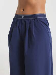 11SKNDS Wide Leg Woven Pants With Elastic Waistband Flowy Relaxed Fit Trousers With Logo Detail Pull-On Style Casual Athleisure Gym Navy Blue Summer - Blue - View 5
