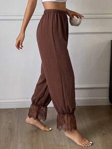 Napfluff Brown Lace Patchwork Home Pants, Minimalist Slimming Textured Elastic Waist Casual Sleepwear - Brown - View 3