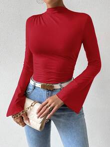 Rafferiza Spring/Autumn Casual Solid Color Flare Sleeve Bodysuit - Red - View 7