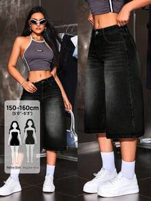 SHEIN PETITE Women's Casual 2000s Y2k Washed 7/10 Length Wide Leg Denim Jeans Night Out Black Summer - Black - View 1