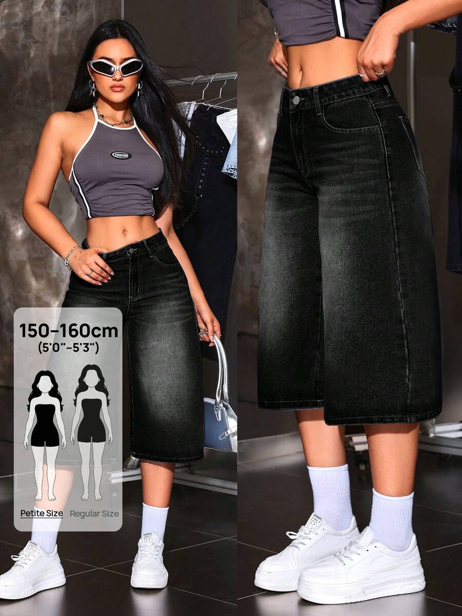 SHEIN PETITE Women's Casual 2000s Y2k Washed 7/10 Length Wide Leg Denim Jeans Night Out Black Summer - Black - View 1