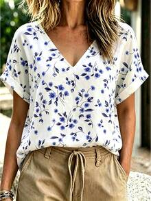Linhara CURVE Plus Size Woven Casual Resort Daily V-Neck Short-Sleeved Summer Women's Shirt - Blue - View 1