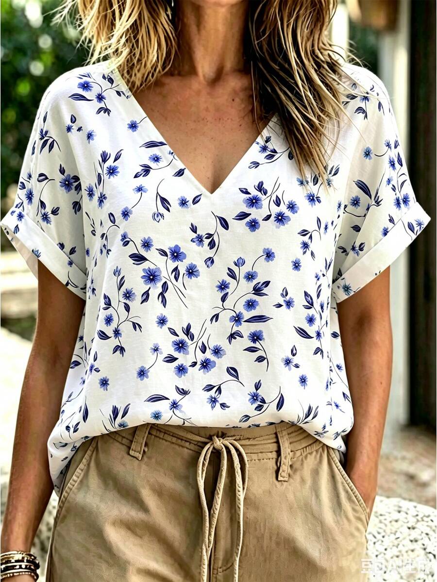 Linhara CURVE Plus Size Woven Casual Resort Daily V-Neck Short-Sleeved Summer Women's Shirt - Blue - View 1